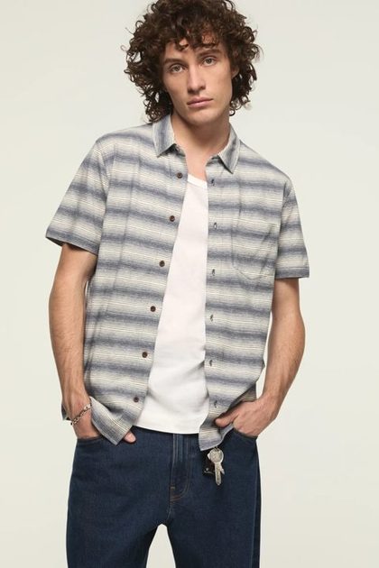 LINEN STRIPED SHORT SLEEVE SHIRT, BLUE MULTI