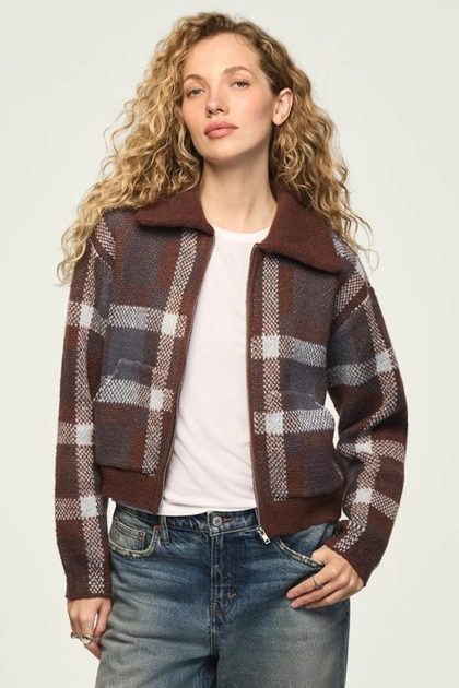 Plaid Bomber Sweater, DARK BLACK