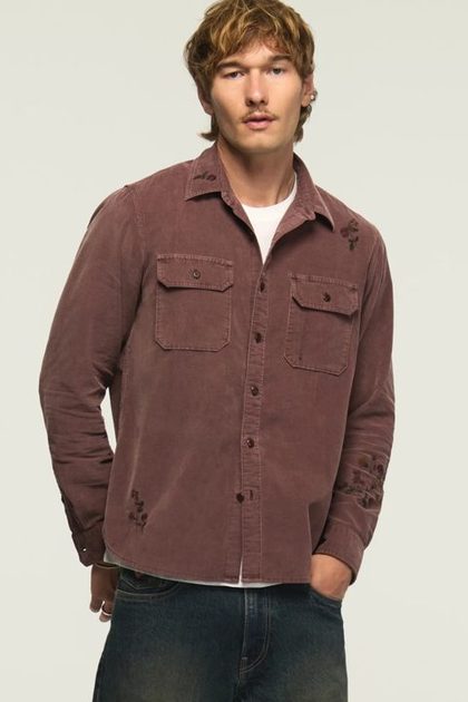 LONG SLEEVE EMBROIDERED CORDUROY WORKSHIRT, PEPPERCORN