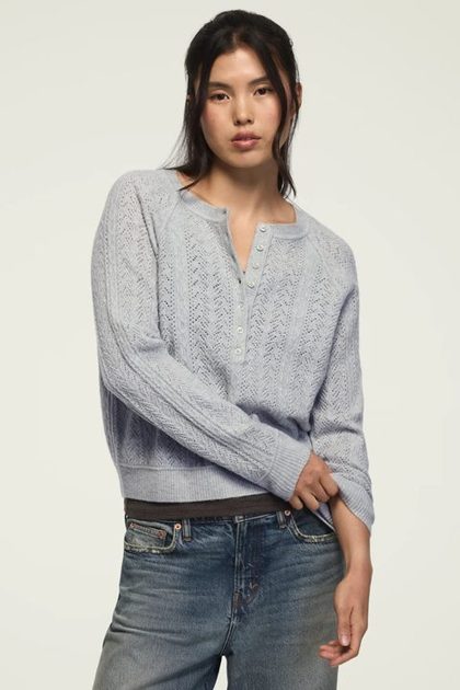 CLOUD SOFT POINTELLE HENLEY SWEATER, BLUE SURF HTR