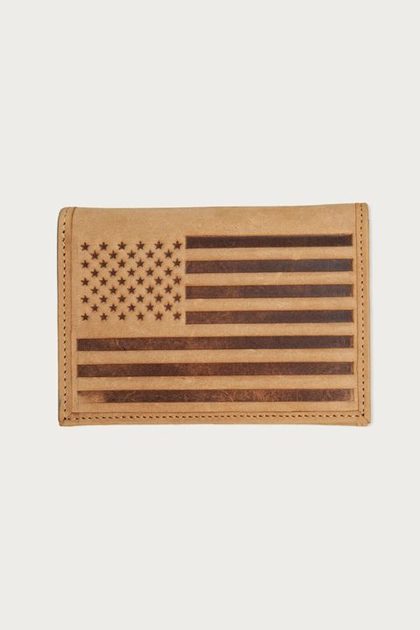 FLAG EMBOSSED LEATHER TRIFOLD WALLET, MEDIUM BROWN