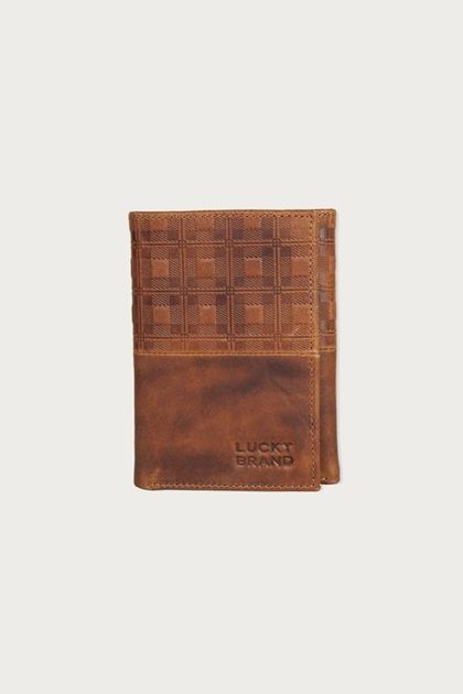 PLAID EMBOSSED LEATHER TRIFOLD WALLET, DARK BROWN