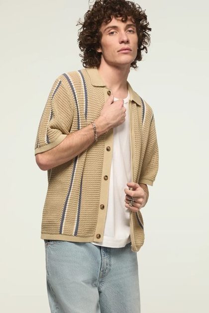 STRIPE BUTTON FRONT SWEATER, TIDAL FOAM
