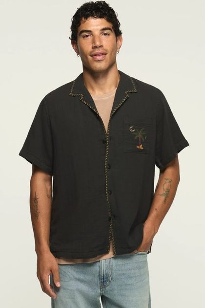 SHORT SLEEVE EMBROIDERED GAUZE CAMP COLLAR SHIRT, PHANTOM