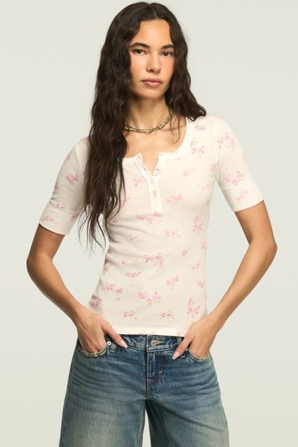 RIBBED HENLEY TEE, Cream Floral