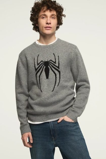 SPIDERMAN INSTARSIA CREW NECK SWEATER, MEDIUM HEATHER GREY