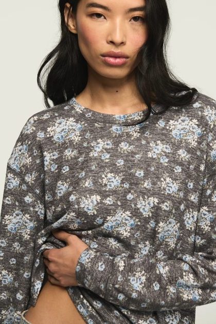 CLOUD LONG SLEEVE CREW NECK TOP, HEATHER GRAY/ BLUE COMBO