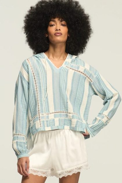 TRIMMED GAUZE HOODIE, BLUE STRIPE