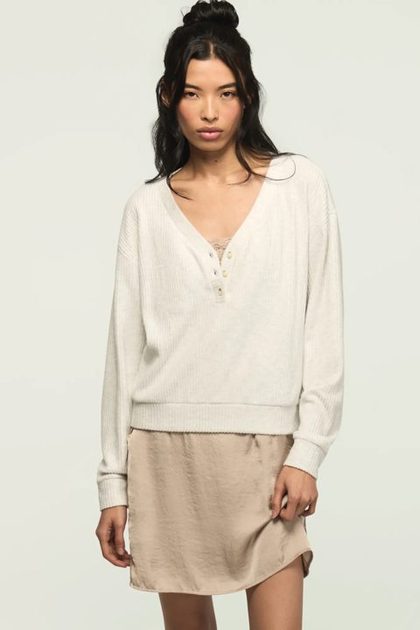 CLOUD V-NECK HENLEY POPOVER, LIGHT HEATHER GREY