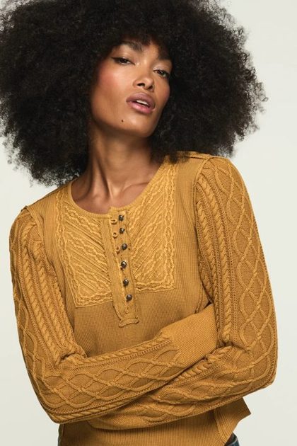 Pintuck Sweater Mix Henley, Golden Brown