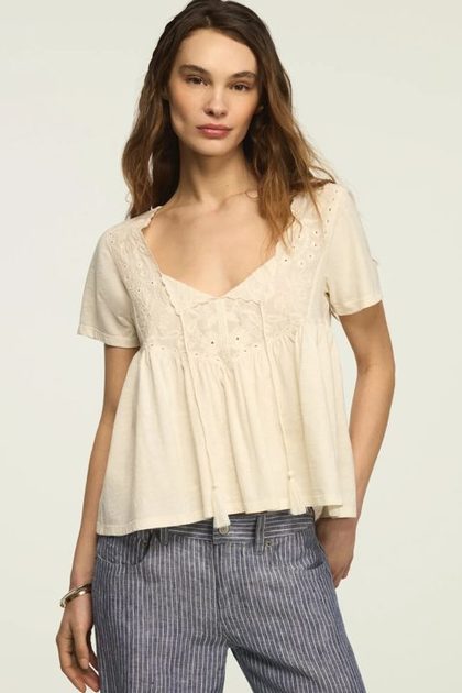 EMBROIDERED YOKE TASSLE TOP, WHISPER WHITE