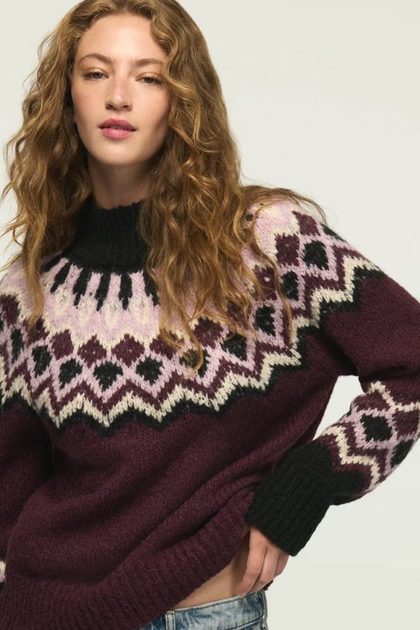 Fair Isle Mock Neck Sweater, DESERT GARNET HTR