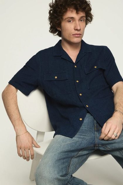 SHORT SLEEVE TEXTURED INDIGO SHIRT, INDIGO STRIPE