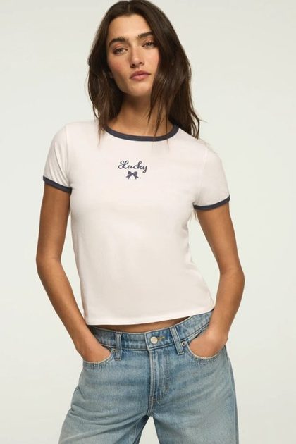 LUCKY BOW CROP RINGER TEE, BRIGHT WHITE