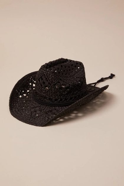 RAFFIA COWBOY STRAP HAT, BLACK