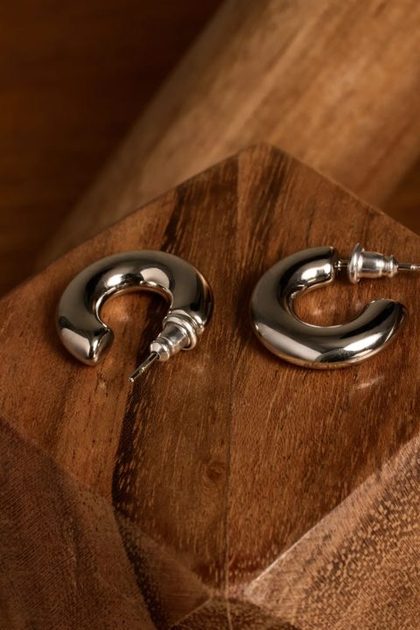 HALF HOOP EARRINGS, SILVER