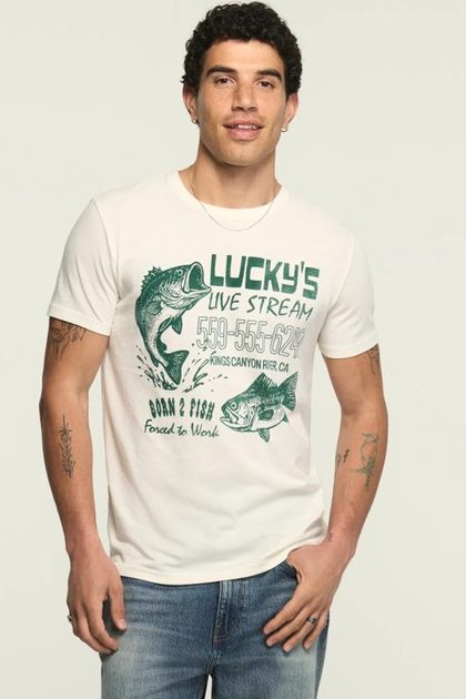 LUCKYS LIVE STREAM FISH TEE, VAPOROUS GRAY