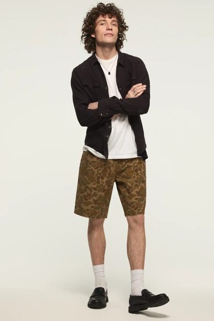 PRINTED CANVAS 5 POCKET SHORT, KHAKI MULTI