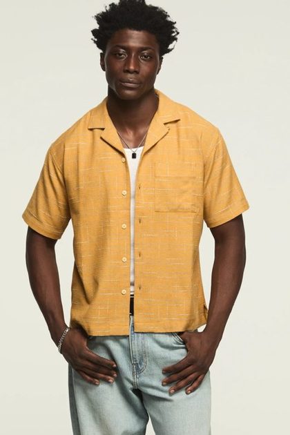 KINDA CROPPED CAMP COLLAR SHIRT, MUSTARD MULTI