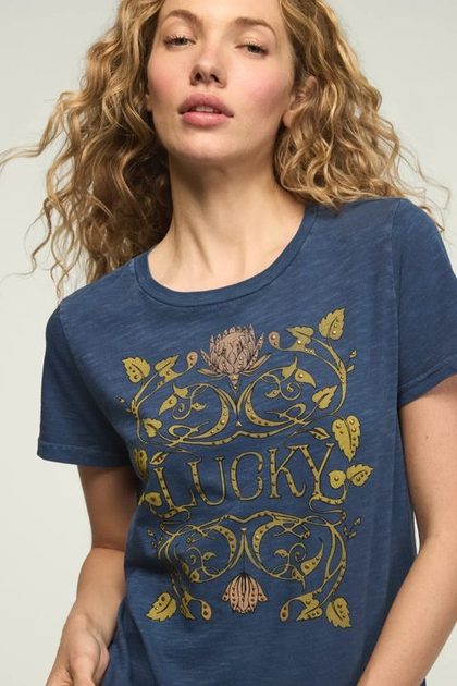 LUCKY EMBELLISHED FRAME CLASSIC CREW, DARK DENIM