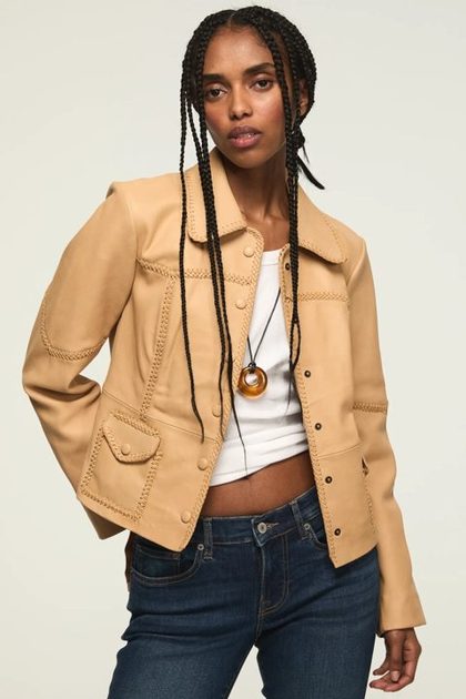 FESTIVAL BRAIDED SEAMED LEATHER JACKET, TAN