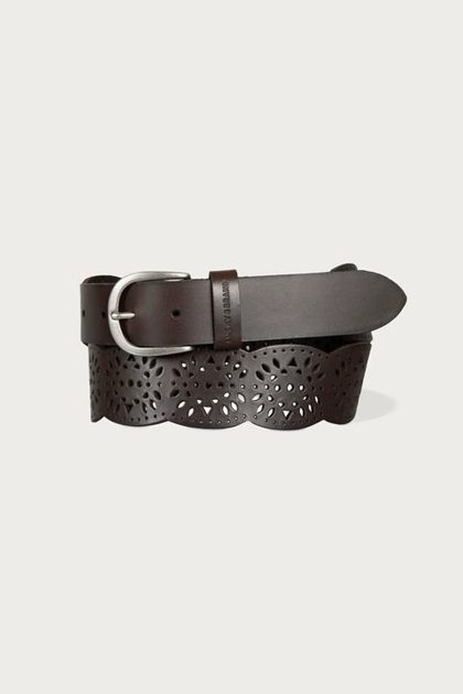 TAPERED PERFORATED LEATHER BELT, DARK BROWN