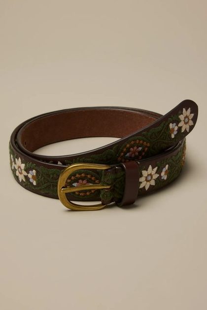 WHITE AND BLUE FLOWER EMBROIDERED BELT, DARK BROWN