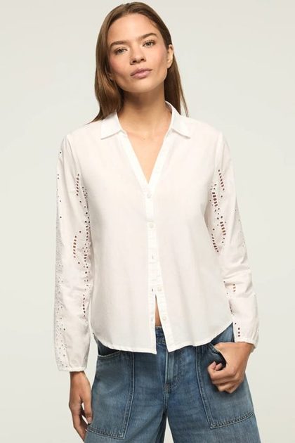 CUTWORK LONG SLEEVE BUTTON DOWN, BRIGHT WHITE