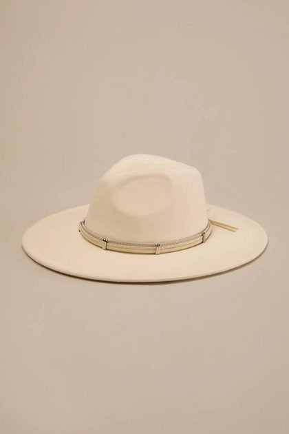 Wide Brim Ranger Hat with Leather Band, CREAM