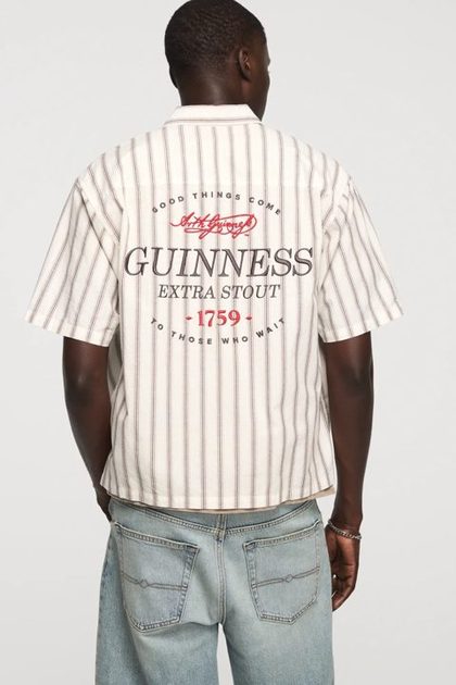 GUINNESS STRIPED SHORT SLEEVE BUTTON DOWN SHIRT, CREAM STRIPE